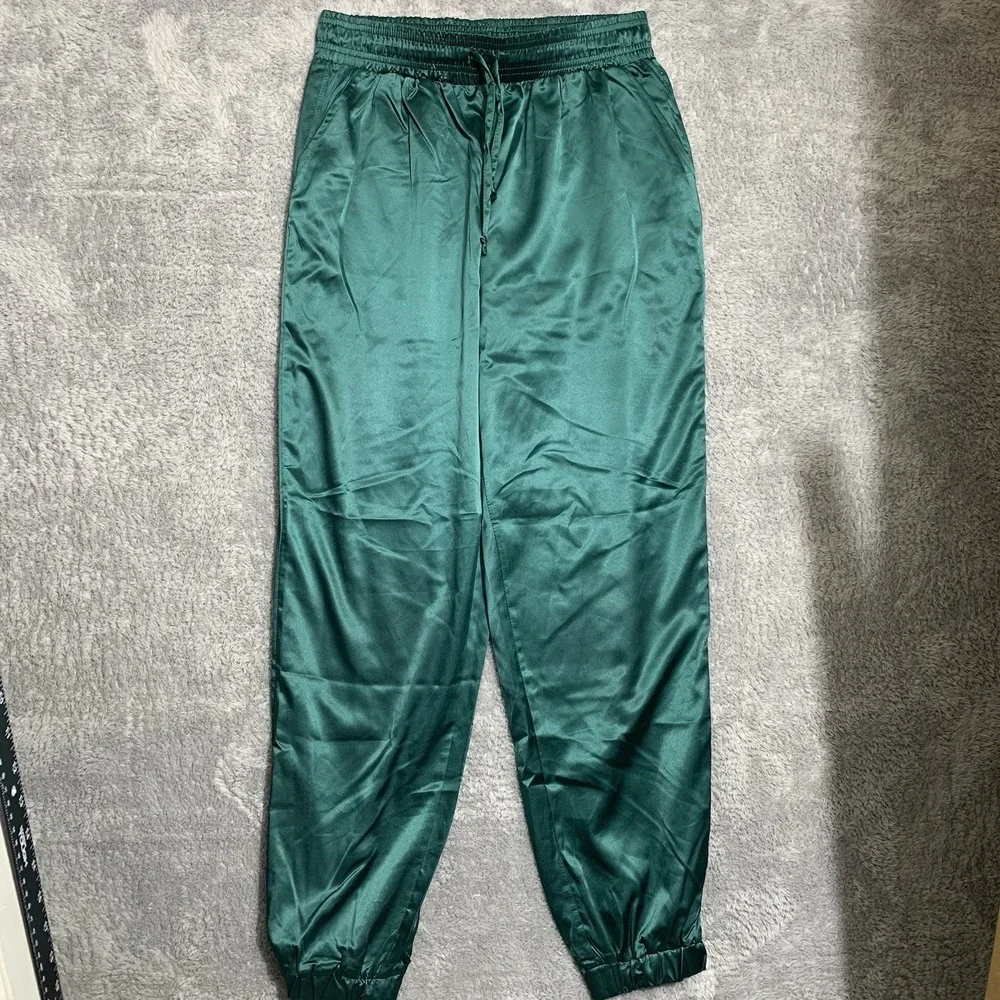 Forever 21 Jogger Pants‎ Women S Green Satin Elastic Waist Drawstring High Rise